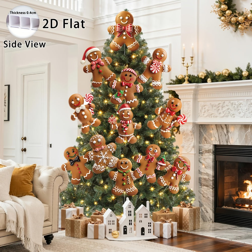 Christmas Tree Ornaments 12pcs Gingerbread Man Decorations 2D Flat Funny Xmas Tree Hanging Decor with Loops