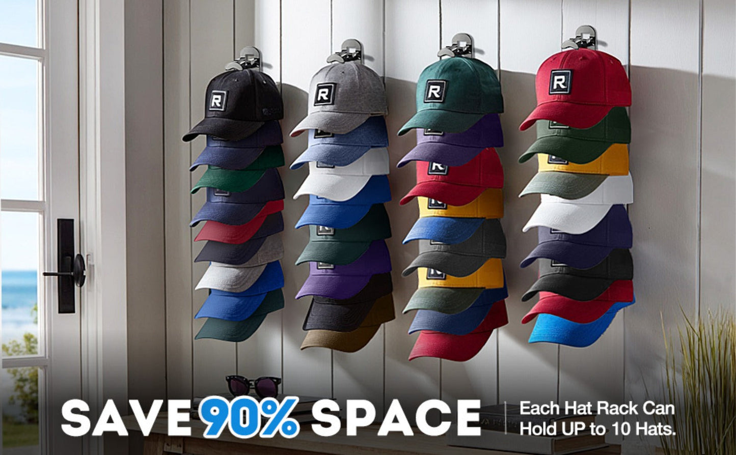 Wall Mounted Hat Rack for Baseball Caps, Adhesive or Drill Mount, Holds 20 Hats, Multilayer Storage
