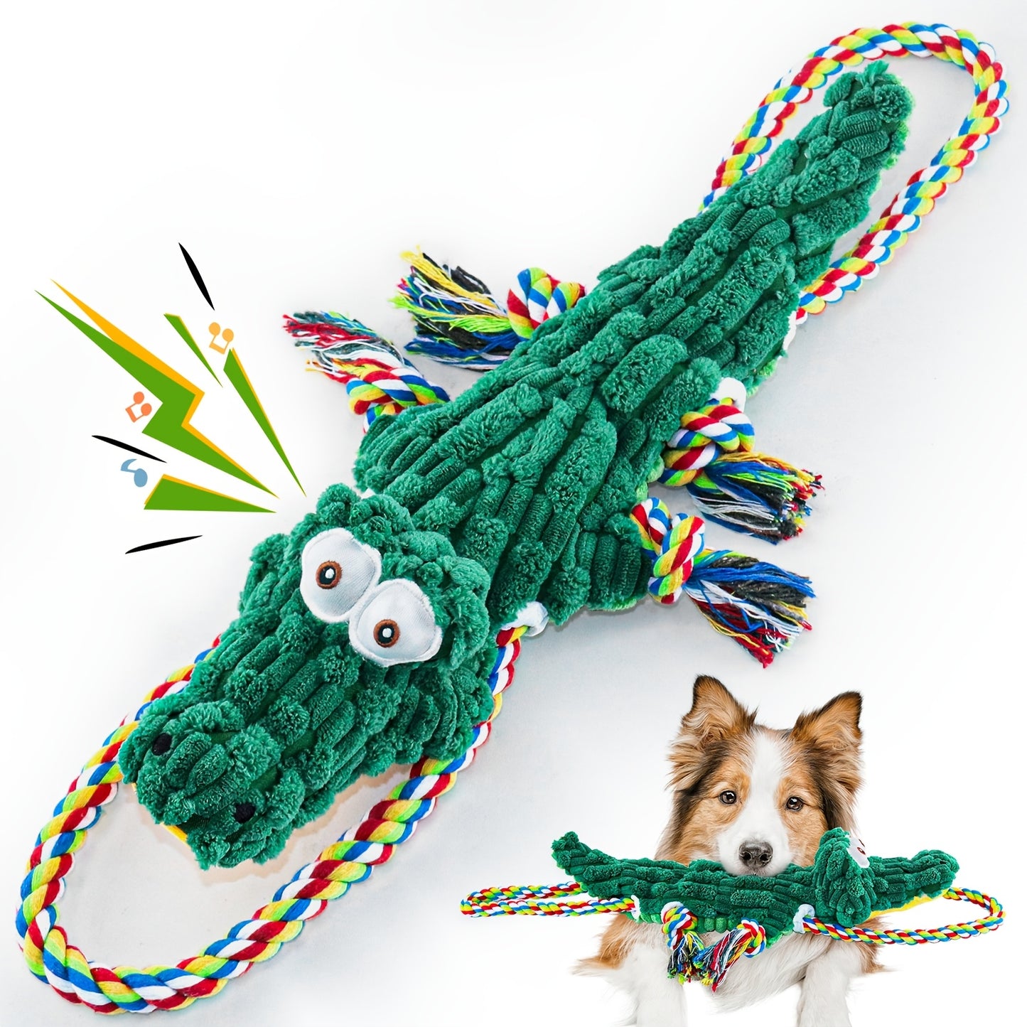 Squeaky Rope Dog Toy Crocodile Shape – Durable Cotton Rope Chew & Tug Toy with Built-In Squeaker, Teeth Cleaning