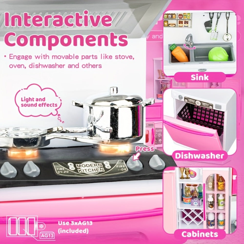 Pink Kitchen Toy Set 64pcs with Lights & Sounds, Mini Furniture Doll Playset for Girls, Pretend Play Kitchen Accessories