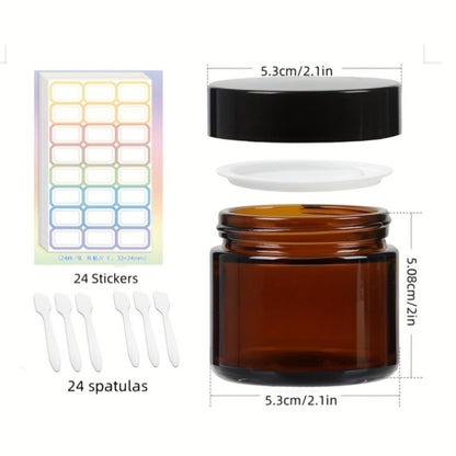 Brown Frosted Glass Jars with Lids 24 Pack – 2 oz Amber Glass Cosmetic Containers with Spoons & Labels, Non-Slip Base