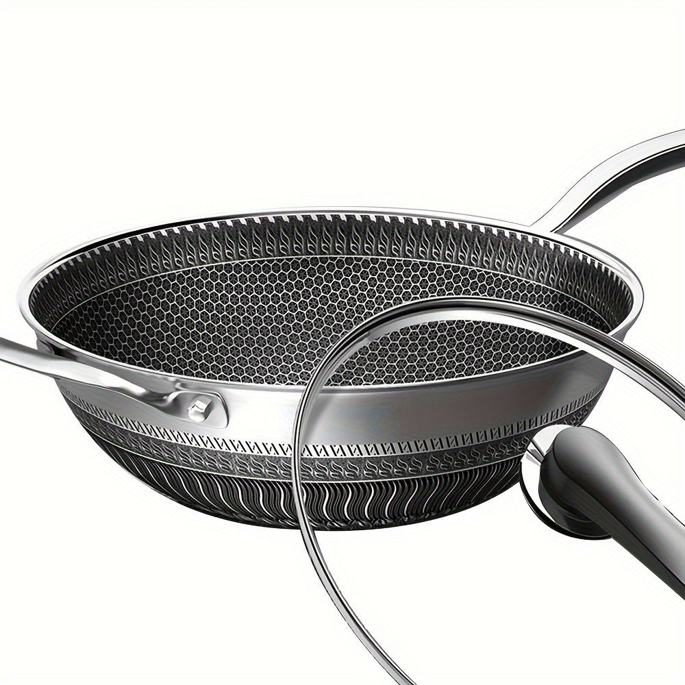 Stainless Steel Wok 13.3 Inch Honeycomb Non-Stick with Lid Spatula & Pot Brush, All Cooktop Compatible Stir Fry Pan