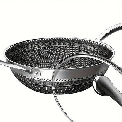 Stainless Steel Wok 13.3 Inch Honeycomb Non-Stick with Lid Spatula & Pot Brush, All Cooktop Compatible Stir Fry Pan