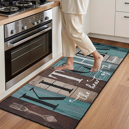 Diatomaceous Earth Kitchen Mat Set 2pcs – Non-Slip Anti-Fatigue Rug for Kitchen Bathroom Bedroom Hallway, Green Brown Wood Plank Pattern