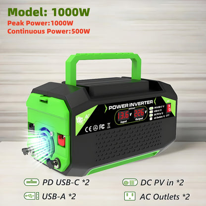 Power Inverter 500W/1000W DC 12V to AC 110V - Car Power Converter with LCD Display, 2 AC Outlets