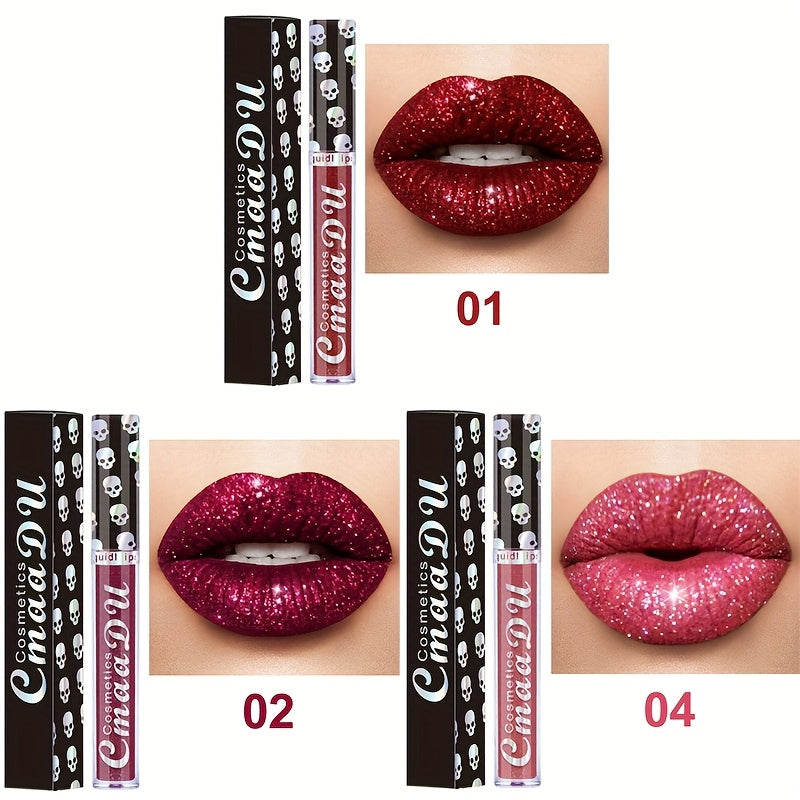 Glitter Lip Gloss Set 3pcs Skull Design Shimmer Liquid Lipstick Long Lasting Easy Remove Bold Shiny Lip Color for Music Festival Rave Party