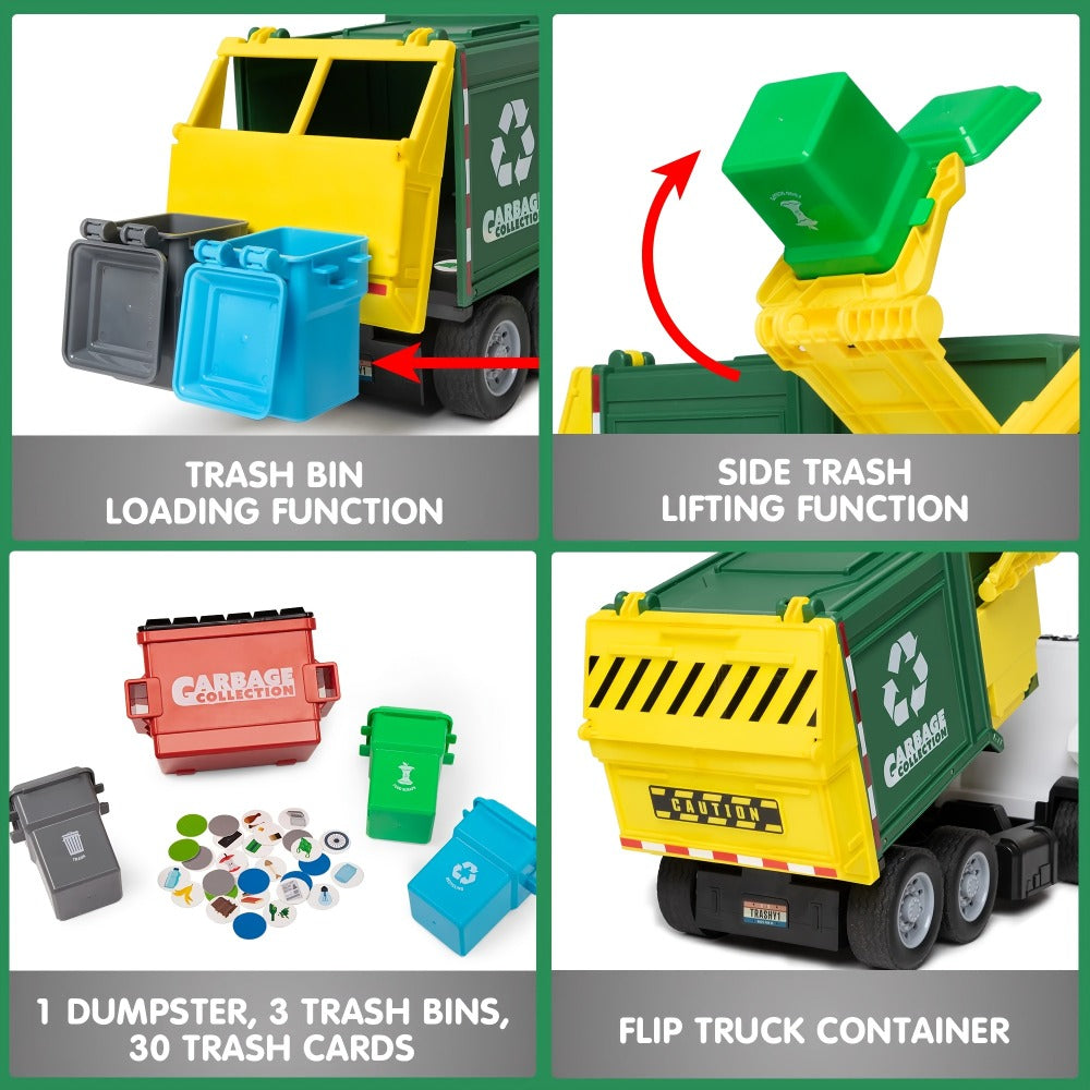 Garbage Truck Toy Set 16-Inch Large Friction-Powered with Lights & Sounds, Color-Coded Trash Bins