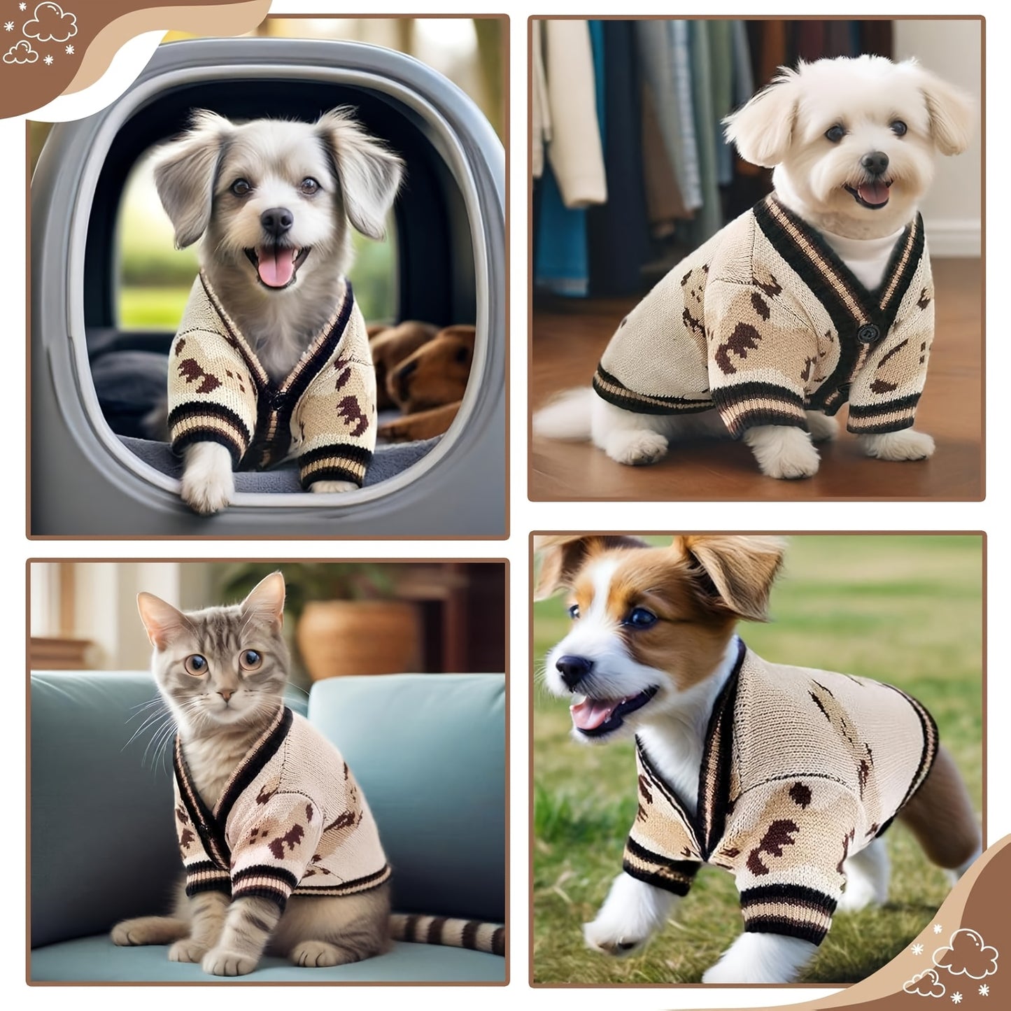 Dog Cardigan Sweater with Button Closure – Allover Bear Print Knitted Pet Clothes for Small Dogs, Soft Fleece-Lined Puppy Shirt