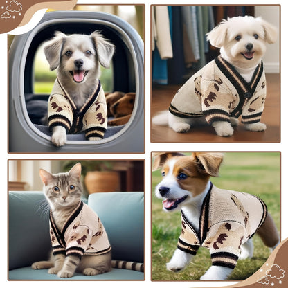 Dog Cardigan Sweater with Button Closure – Allover Bear Print Knitted Pet Clothes for Small Dogs, Soft Fleece-Lined Puppy Shirt