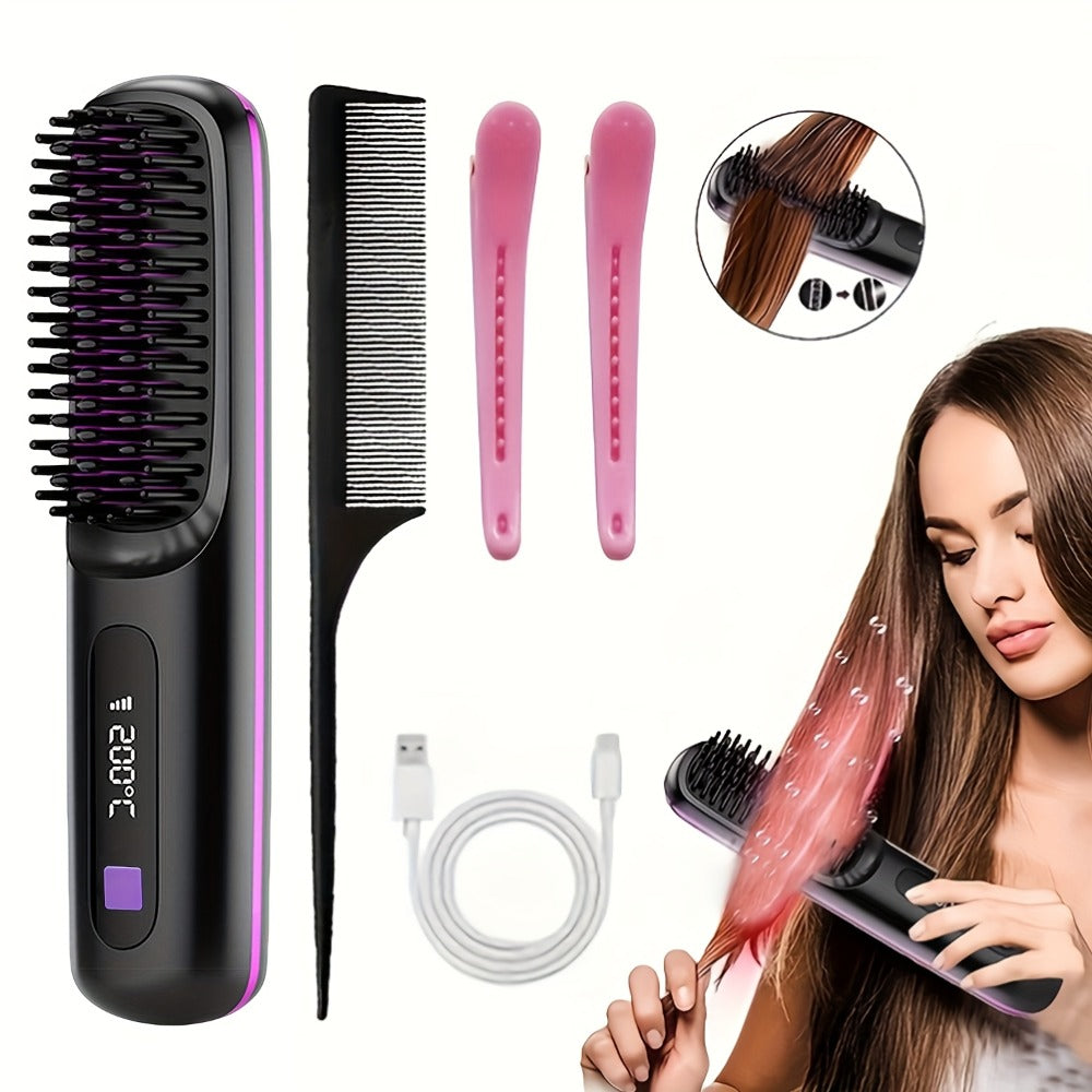 Compact Rechargeable Straightening Brush in Black or White with Display, Comb and USB Cable