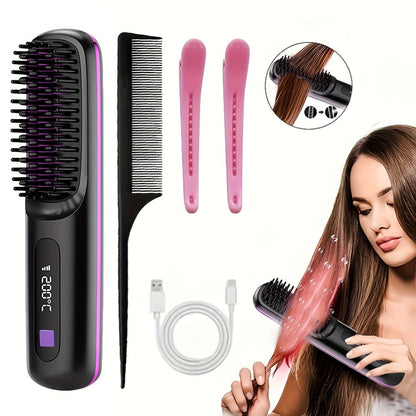 Compact Rechargeable Straightening Brush in Black or White with Display, Comb and USB Cable