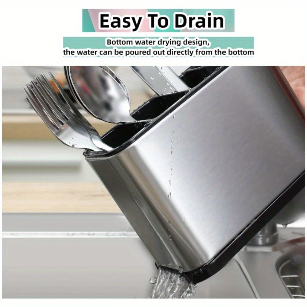 Utensil Holder Stainless Steel Cutlery Organizer 4-Compartment Countertop Caddy Anti-Slip for Home Cooking, Dining and Outdoor Meals