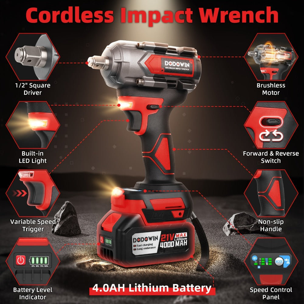 High Torque Impact Wrench Kit 320NM / 1000NM Brushless Cordless, 21V with 2.0AH / 4.0AH Batteries