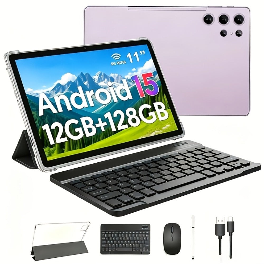 11-Inch Android 15 Tablet Bundle with 12GB Memory, 128GB Storage, Keyboard Case, Stylus and Mouse