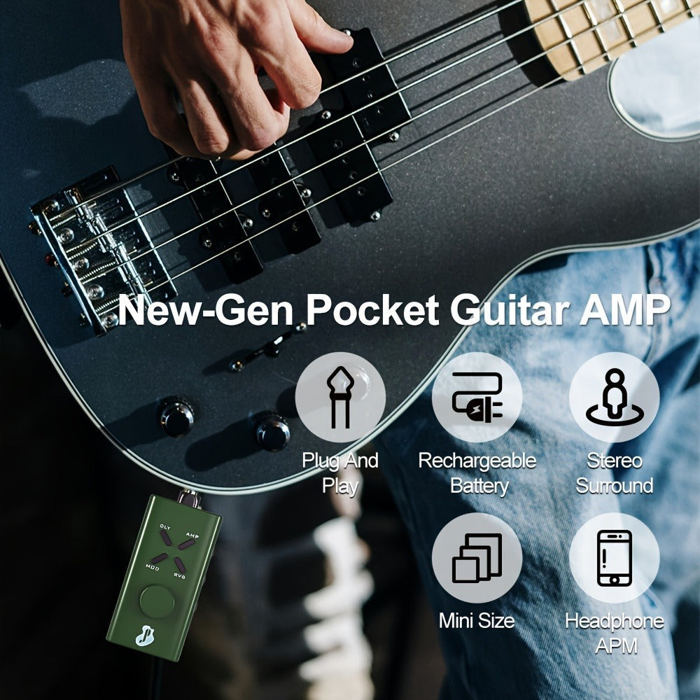 JUSTPRO Pocket Guitar Headphone Amp with 6 Amp Modules and 24 Guitar Effects for Bedside Audio, Alarms and Room Entertainment