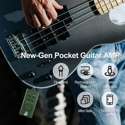 JUSTPRO Pocket Guitar Headphone Amp with 6 Amp Modules and 24 Guitar Effects for Bedside Audio, Alarms and Room Entertainment