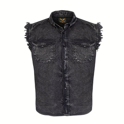 Men's Sleeveless Shirt – Fringe Hem Crew Neck Tank Top, Stonewash Cotton, Regular Fit for Streetwear, Beach & Vacation, Sizes M–XXXXL