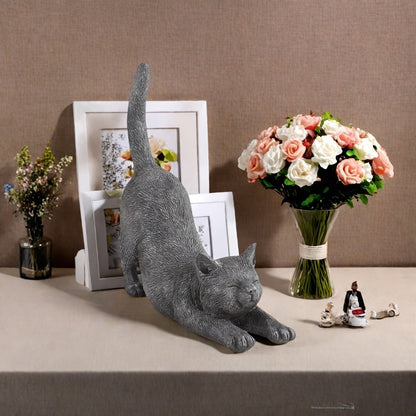 Yoga Cat Statue Hand-Painted Stretching Cat Figurine Grey Resin Decorative Sculpture for Home Office for Garden, Patio and Yard Use