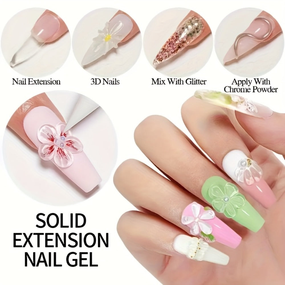 Clear Poly Nail Extension Gel 2-Piece Set, 100g Jars with Application Brush for 3D Sculpting and Rhinestone Nail Art