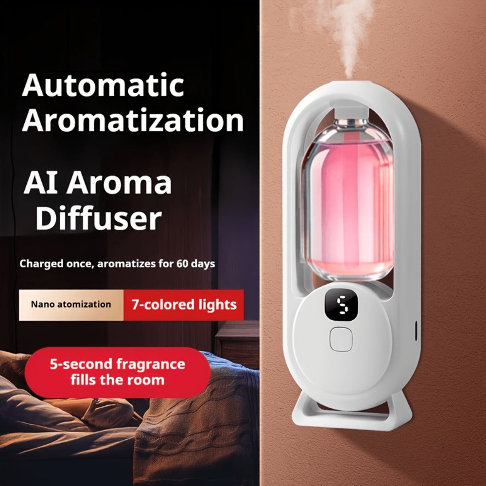 Aroma Diffuser with Five Intensity Settings, Color-Lighted Bottle Window and One- or Three-Oil Bundle Options