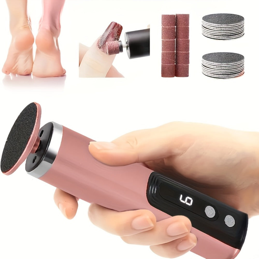Rechargeable Electric Foot File and Callus Remover with Two Heads and Ten Sandpaper Pads in Pink