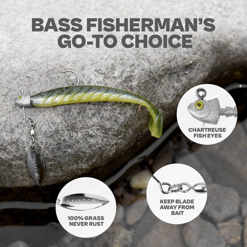 Underspin Jig Heads 6-Pack with 100% Brass Blade – Never Rust Rotating Spinner Jig for Bass & Saltwater Fishing – 3/16oz, 1/4oz, 3/8oz