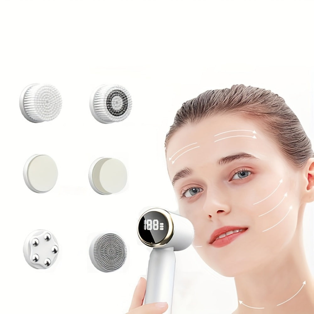 EMS Microcurrent Face Massager Device V-Face Lifting Double Chin Reducer Neck Rejuvenation 6-in-1 Brush Heads for Home or Salon Spa Use