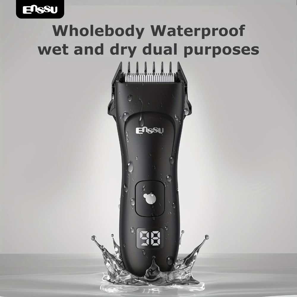 Ceramic-Blade Body Hair Trimmer with IPX7 Rating, LCD Display, Charging Stand and Black Housing