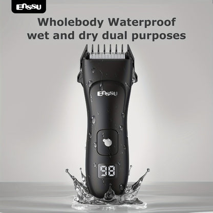 Ceramic-Blade Body Hair Trimmer with IPX7 Rating, LCD Display, Charging Stand and Black Housing