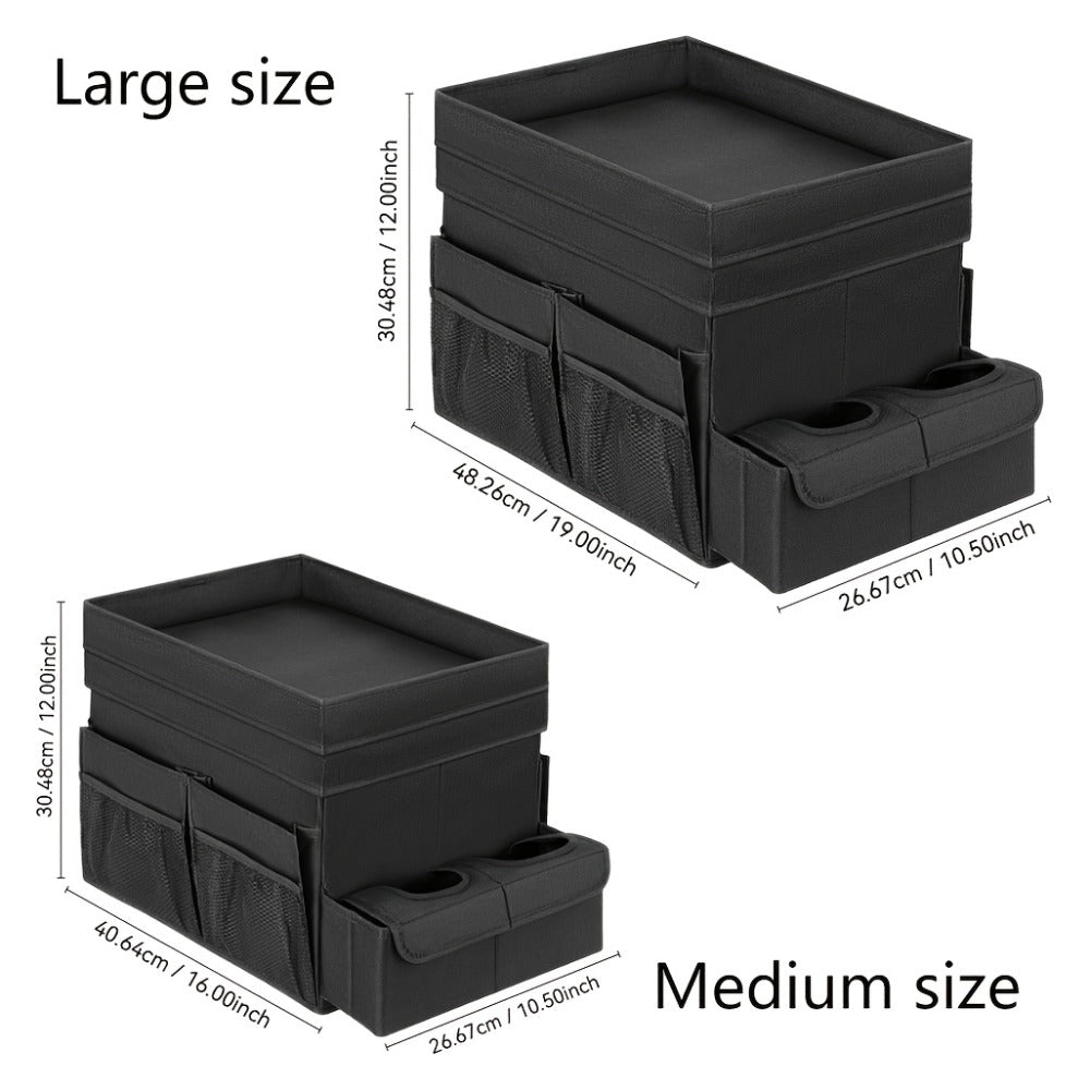 Seat-Top Car Organizer Box with Open Tray, Cup Recesses, Side Pockets and Four Size-Color Options
