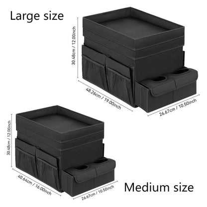 Seat-Top Car Organizer Box with Open Tray, Cup Recesses, Side Pockets and Four Size-Color Options