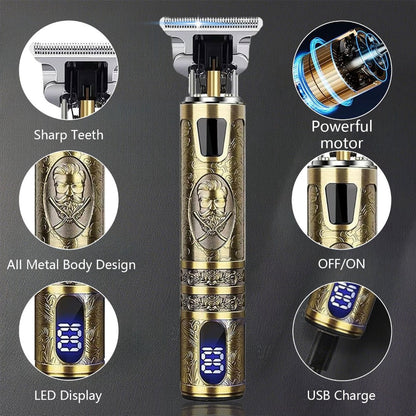 Hair Clippers & Trimmers Vintage Gold T-Blade Model with LCD Display, USB Charging and Three Etched Designs