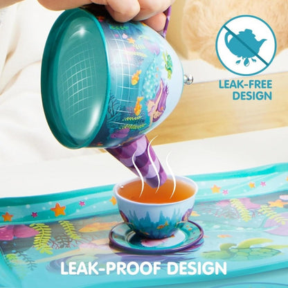 Mermaid Tea Party Set for Girls 21pcs, Tin Teapot, 4 Cups, Saucers, Plates & Carrying Case, Pretend Play Kitchen Toy for Toddlers
