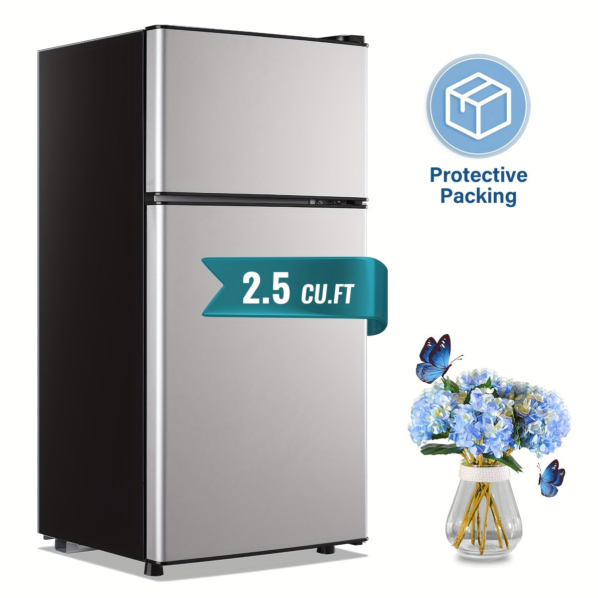 Small Fridge with Freezer, 2-Door Compact Refrigerator with 7-Level Adjustable Thermostat, Removable Shelves & Basket