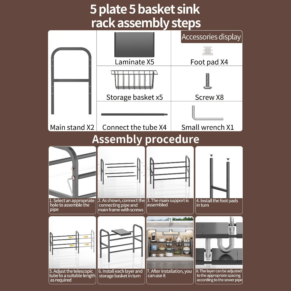 Expandable Under Sink Organizer 2-Tier Cabinet Shelf with 5 Removable Panels & 5 Baskets, Adjustable Under Sink Storage Rack for Kitchen