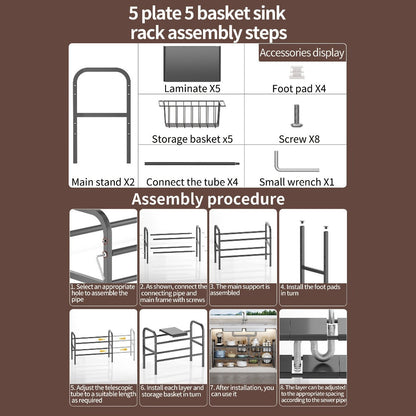 Expandable Under Sink Organizer 2-Tier Cabinet Shelf with 5 Removable Panels & 5 Baskets, Adjustable Under Sink Storage Rack for Kitchen