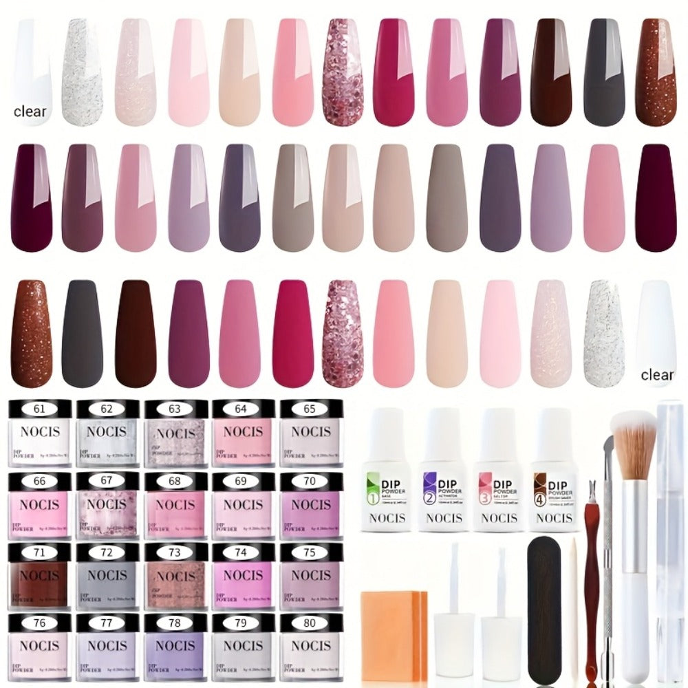 Dip Powder Nail Kit with NOCIS Label, 20 Pink Purple Brown Glitter Powders, Four Liquids and Nail Tools