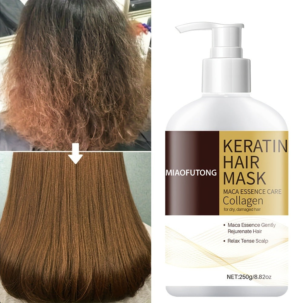 250g Keratin and Collagen Hair Mask in Pump Bottle with Argan, Castor and Rosemary Oils Named on Label