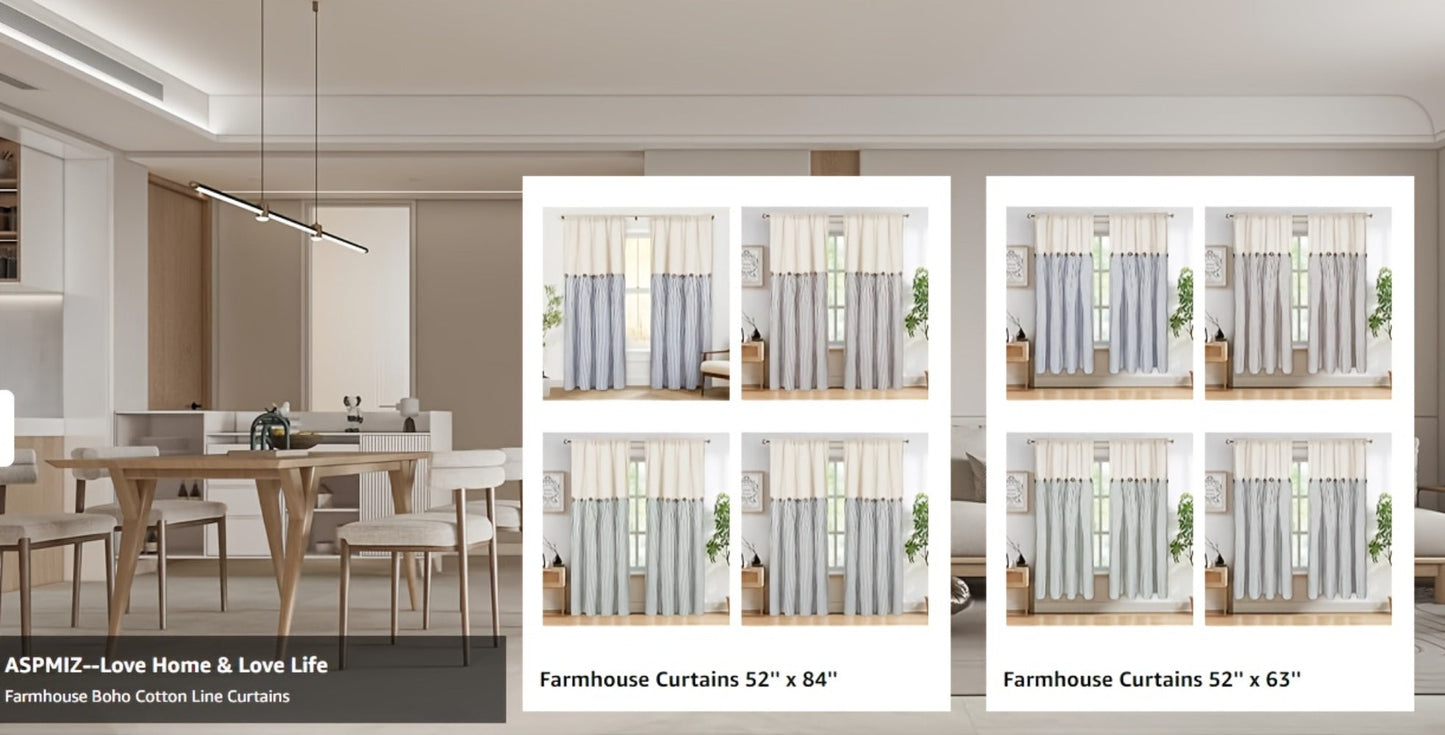 Striped Patchwork Window Curtain Set with Rod-Pocket Top, Six Colors and Five Panel-Count or Size Options