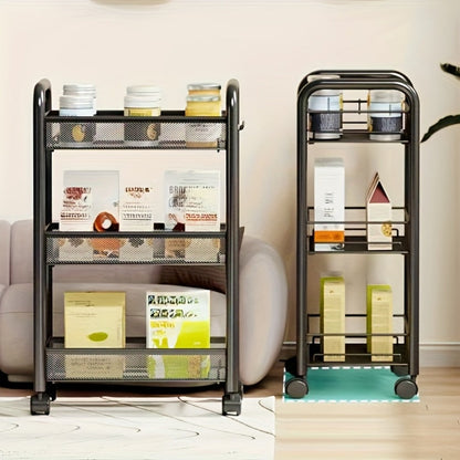 Rolling Storage Cart on Wheels – 3/4/5 Tier Carbon Steel Wire Basket Trolley, Black Metal Utility Cart for Kitchen, Bathroom, Bedroom