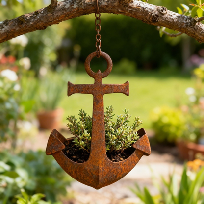 Metal Wall Hanging Planter – Rustic Anchor Plant Holder Nautical Garden Decor Iron Pot 2pcs
