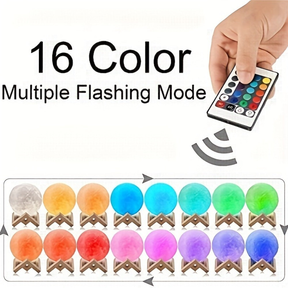 Moon Lamp 16-Color RGBW LED Night Light – 3D Printed 6.1" Realistic Moon with Remote Control & Wooden Stand