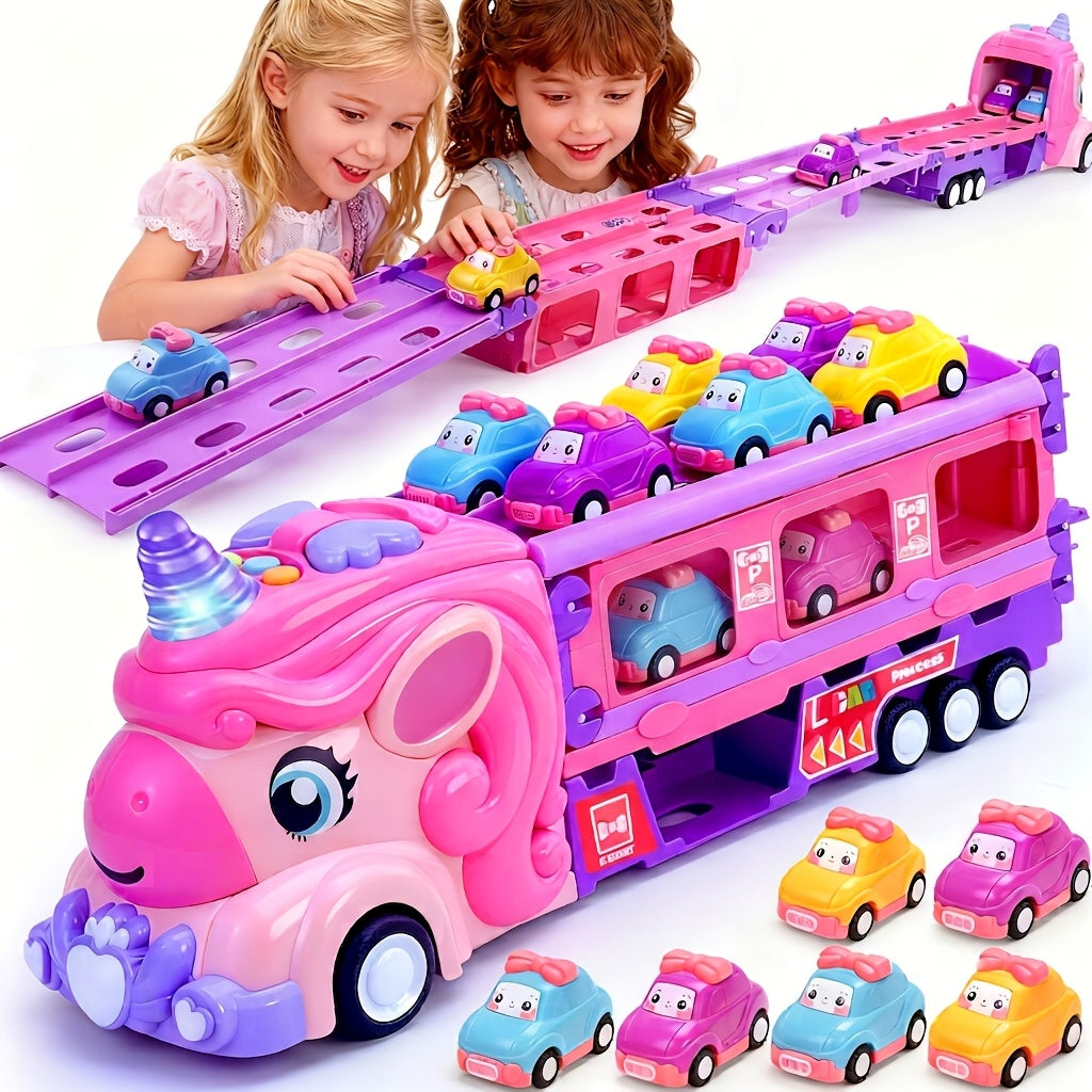 Pink Unicorn Monster Truck Track Set with 8 Princess Cars, Lights & Sounds with the Listed Color, Size or Set Options for Everyday Use