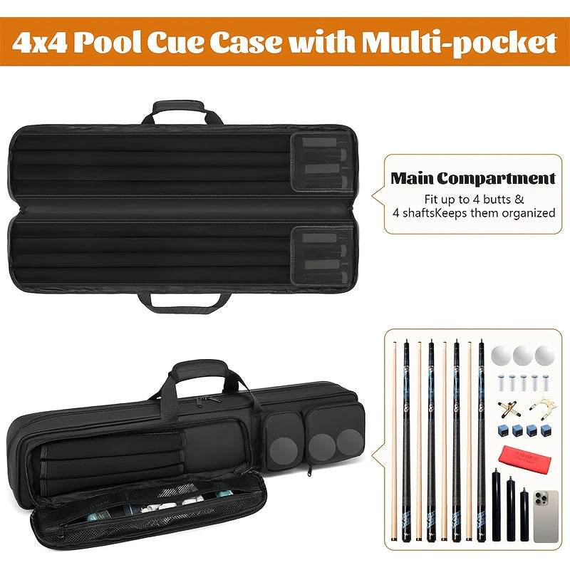 Pool Cue Case 4x4 with Hidden Backpack Strap | Billiard Cue Bag Holds 4 Butts & 4 Shafts | Hard Shell Pool Stick Carrying Case