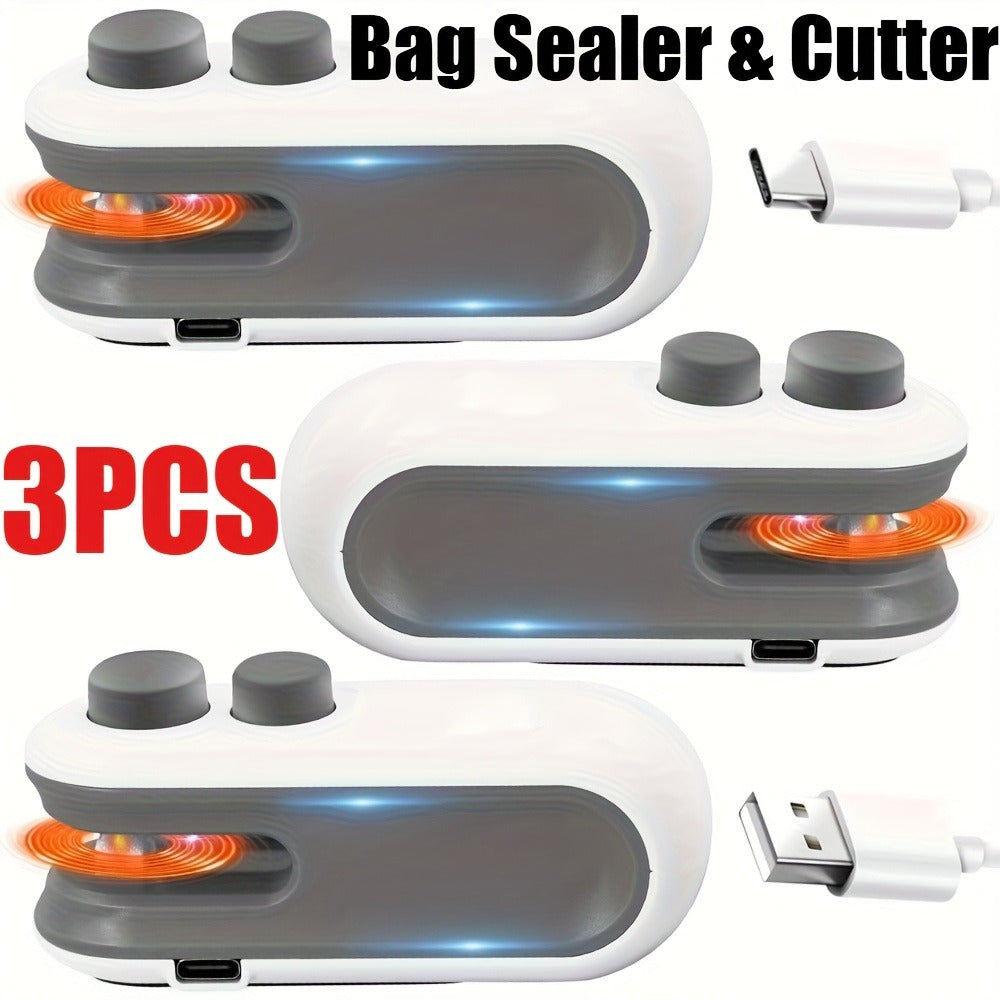 Bag Sealer Handheld Heat Sealer 3-Pack, USB-C Rechargeable 2-in-1 Magnetic Food Sealer with Cutter