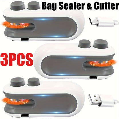 Bag Sealer Handheld Heat Sealer 3-Pack, USB-C Rechargeable 2-in-1 Magnetic Food Sealer with Cutter