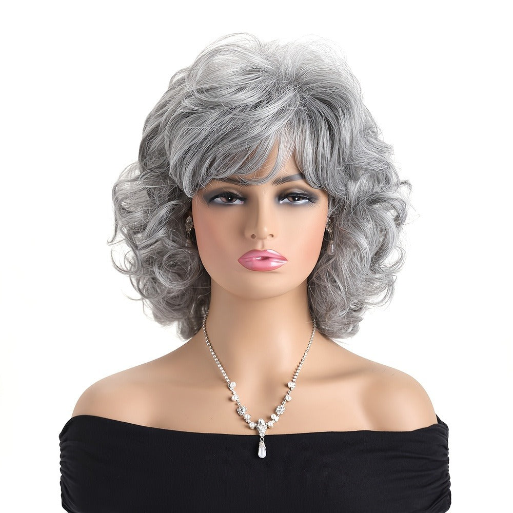 Synthetic Wig 14-Inch Short Curls with Slanted Bangs and Rose Net Cap in Three Colors for Daily Styling