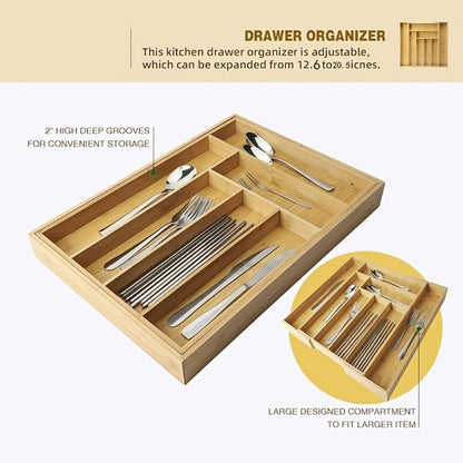 Bamboo Drawer Organizer Expandable Adjustable 9-Compartment Silverware Tray Cutlery Utensil Holder for Kitchen Drawer Office Desk Bedroom