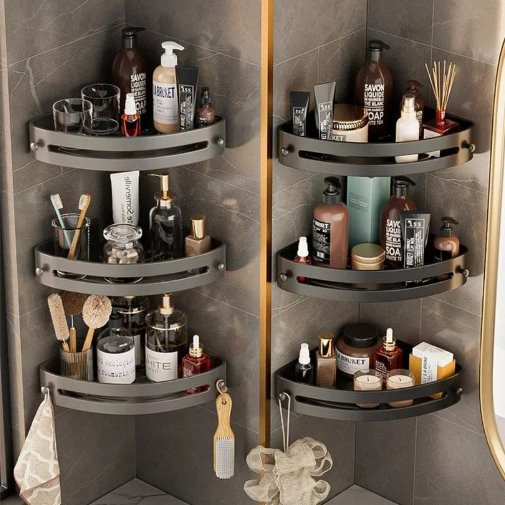 Corner Shower Shelf 2-Layer Nail-Free Bathroom Caddy, No Drill Plastic Shampoo Holder & Organizer for Shower