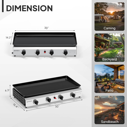 Flat Top Griddle Propane Tabletop 2 or 4 Burner, 20000 BTU Portable Gas Grill with Nonstick Enamel Tray